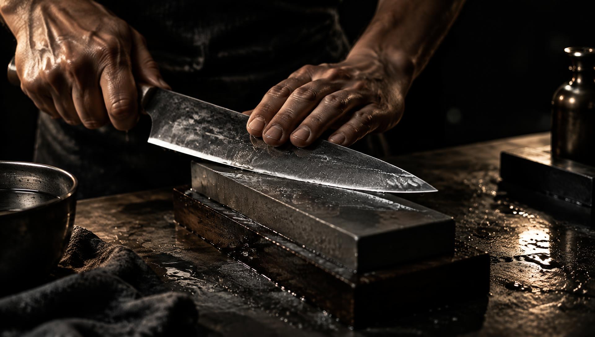 Knife blade being honed on a wet sharpening stone